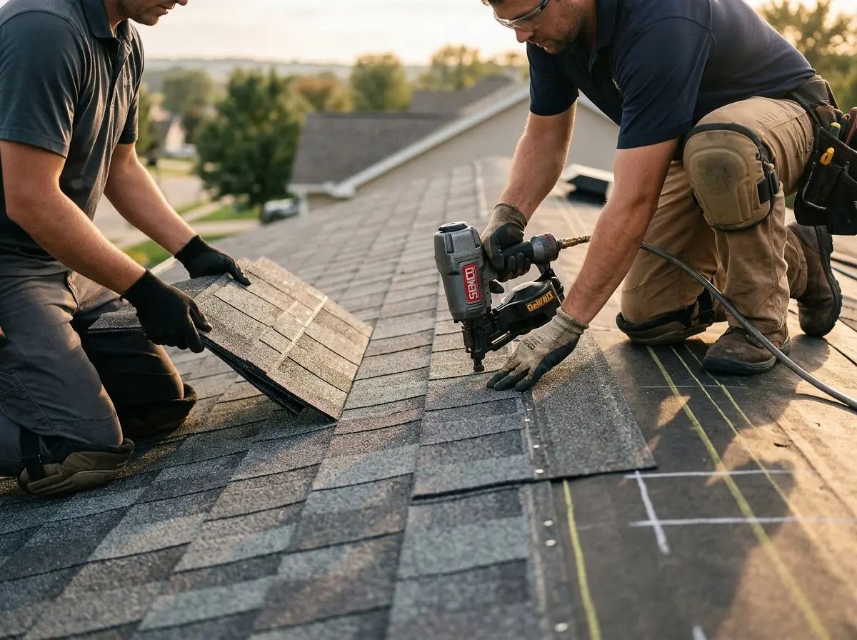 Professional roofer working on a residential roof in Dinuba